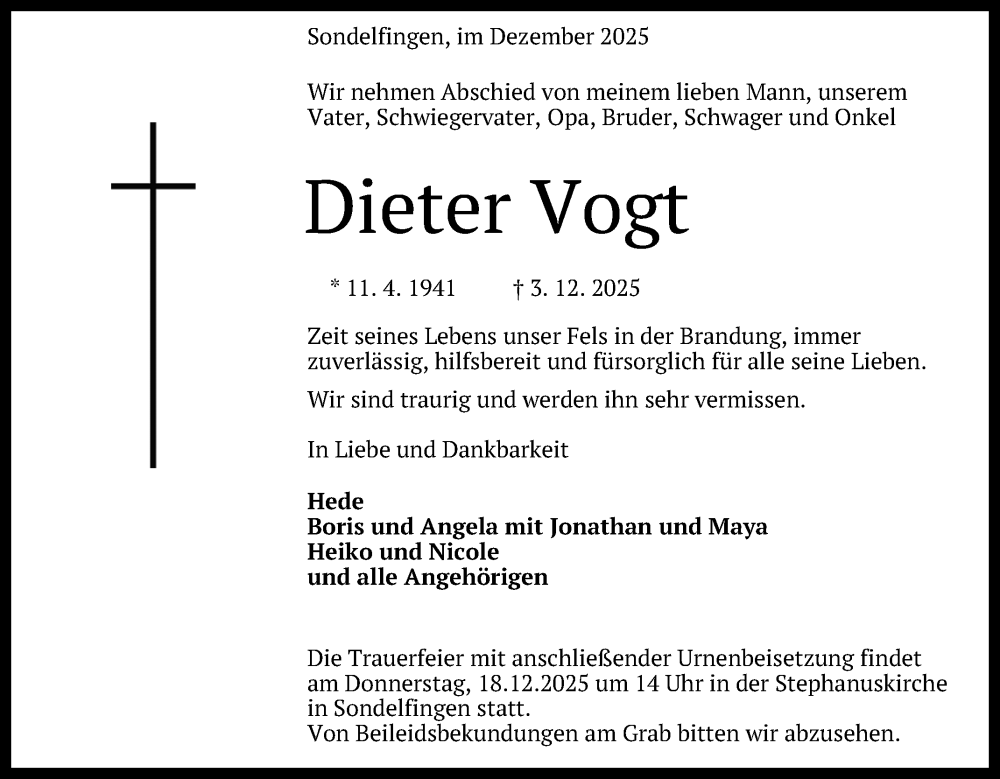  Traueranzeige für Dieter Vogt vom 13.12.2025 aus Reutlinger General-Anzeiger