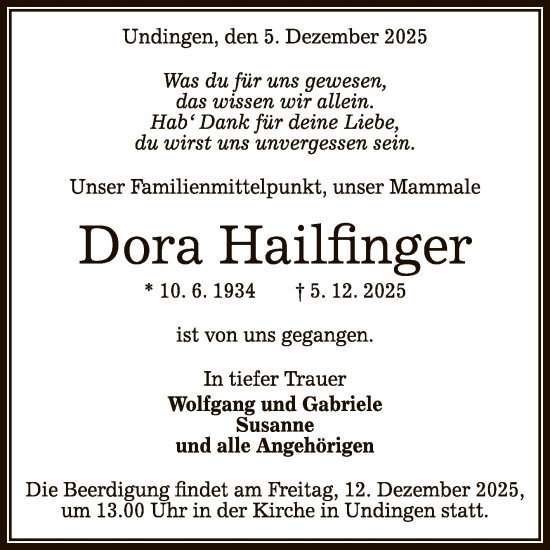 Anzeige von Dora Hailfinger von Reutlinger General-Anzeiger