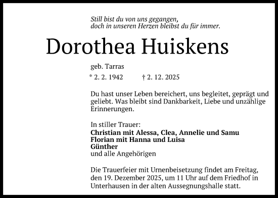 Anzeige von Dorothea Huiskens von Reutlinger General-Anzeiger