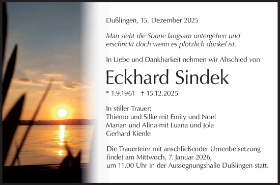 Anzeige von Eckhard Sindek von Reutlinger General-Anzeiger