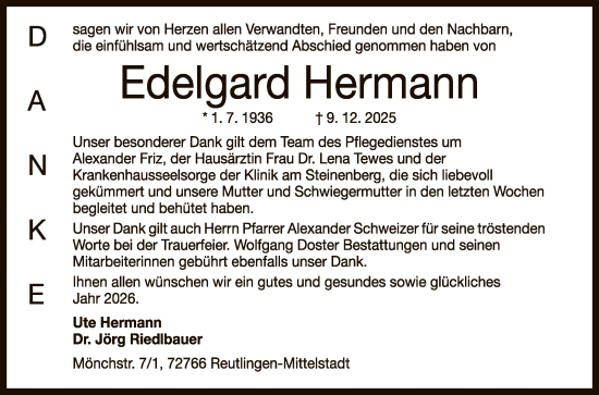 Anzeige von Edelgard Hermann von Reutlinger General-Anzeiger