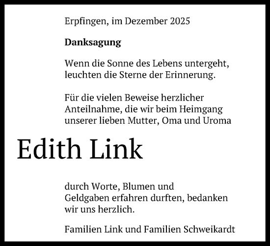 Anzeige von Edith Link von Reutlinger General-Anzeiger