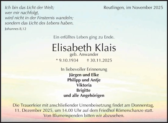 Anzeige von Elisabeth Klais von Reutlinger General-Anzeiger
