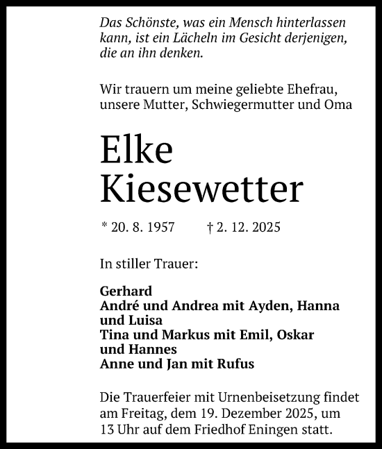 Anzeige von Elke Kiesewetter von Reutlinger General-Anzeiger