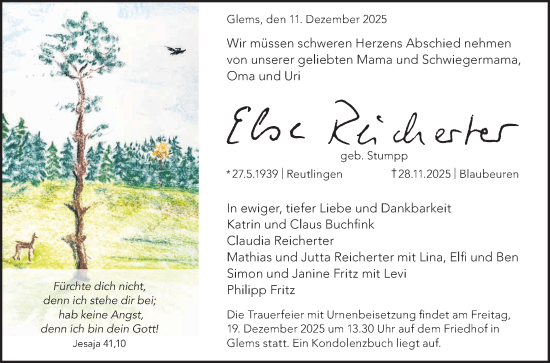 Anzeige von Else Reicherter von Reutlinger General-Anzeiger