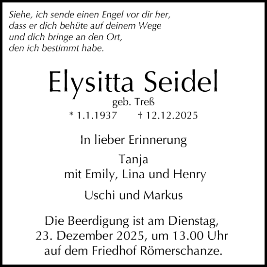 Anzeige von Elysitta Seidel von Reutlinger General-Anzeiger