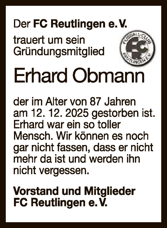 Anzeige von Erhard Obmann von Reutlinger General-Anzeiger