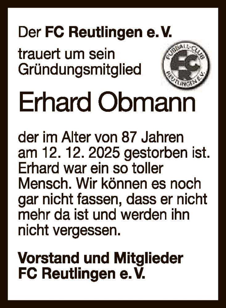  Traueranzeige für Erhard Obmann vom 18.12.2025 aus Reutlinger General-Anzeiger