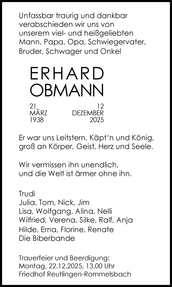  Traueranzeige für Erhard Obmann vom 18.12.2025 aus Reutlinger General-Anzeiger