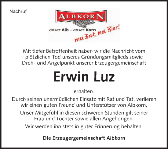 Anzeige von Erwin Luz von Reutlinger General-Anzeiger