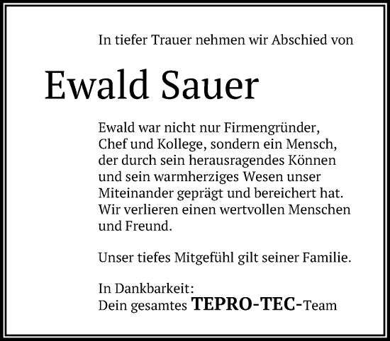 Anzeige von Ewald Sauer von Reutlinger General-Anzeiger