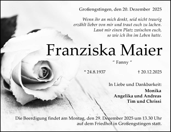 Anzeige von Franziska Maier von Reutlinger General-Anzeiger