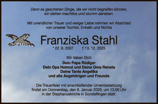 Anzeige von Franziska Stahl von Reutlinger General-Anzeiger