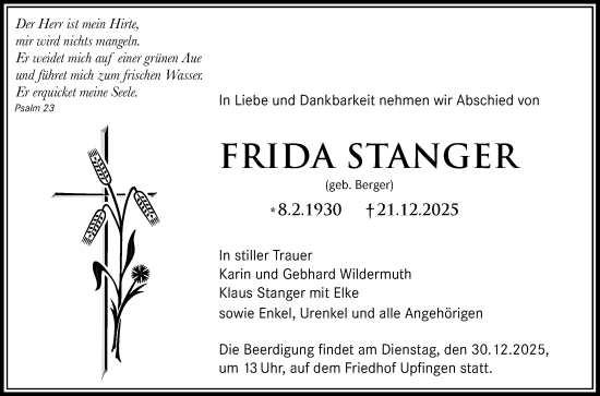 Anzeige von Frida Stanger von Reutlinger General-Anzeiger