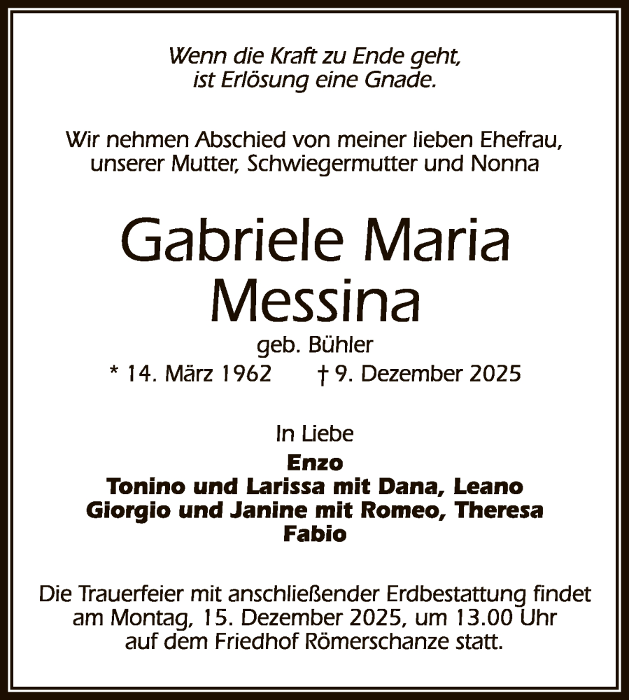  Traueranzeige für Gabriele Maria Messina vom 13.12.2025 aus Reutlinger General-Anzeiger