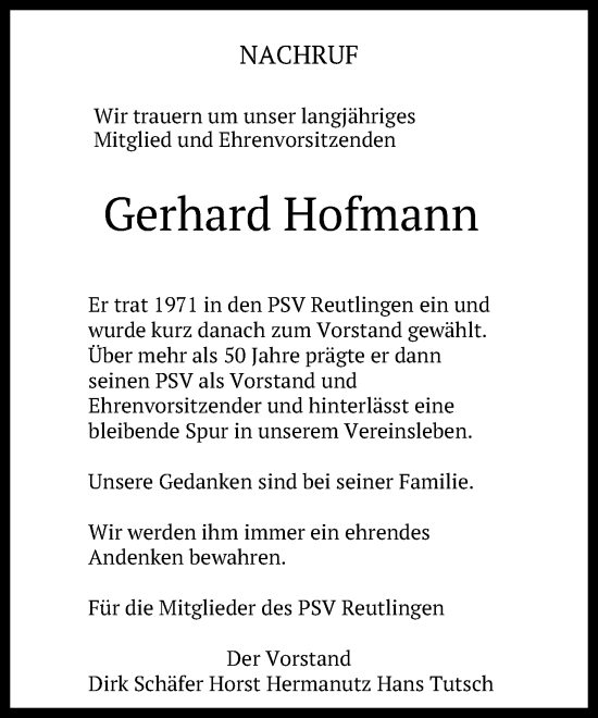 Anzeige von Gerhard Hofmann von Reutlinger General-Anzeiger