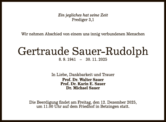 Anzeige von Gertraude Sauer-Rudolph von Reutlinger General-Anzeiger