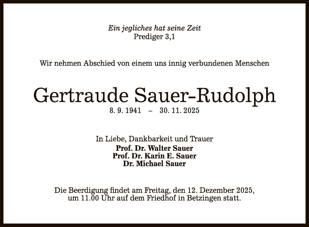  Traueranzeige für Gertraude Sauer-Rudolph vom 06.12.2025 aus Reutlinger General-Anzeiger