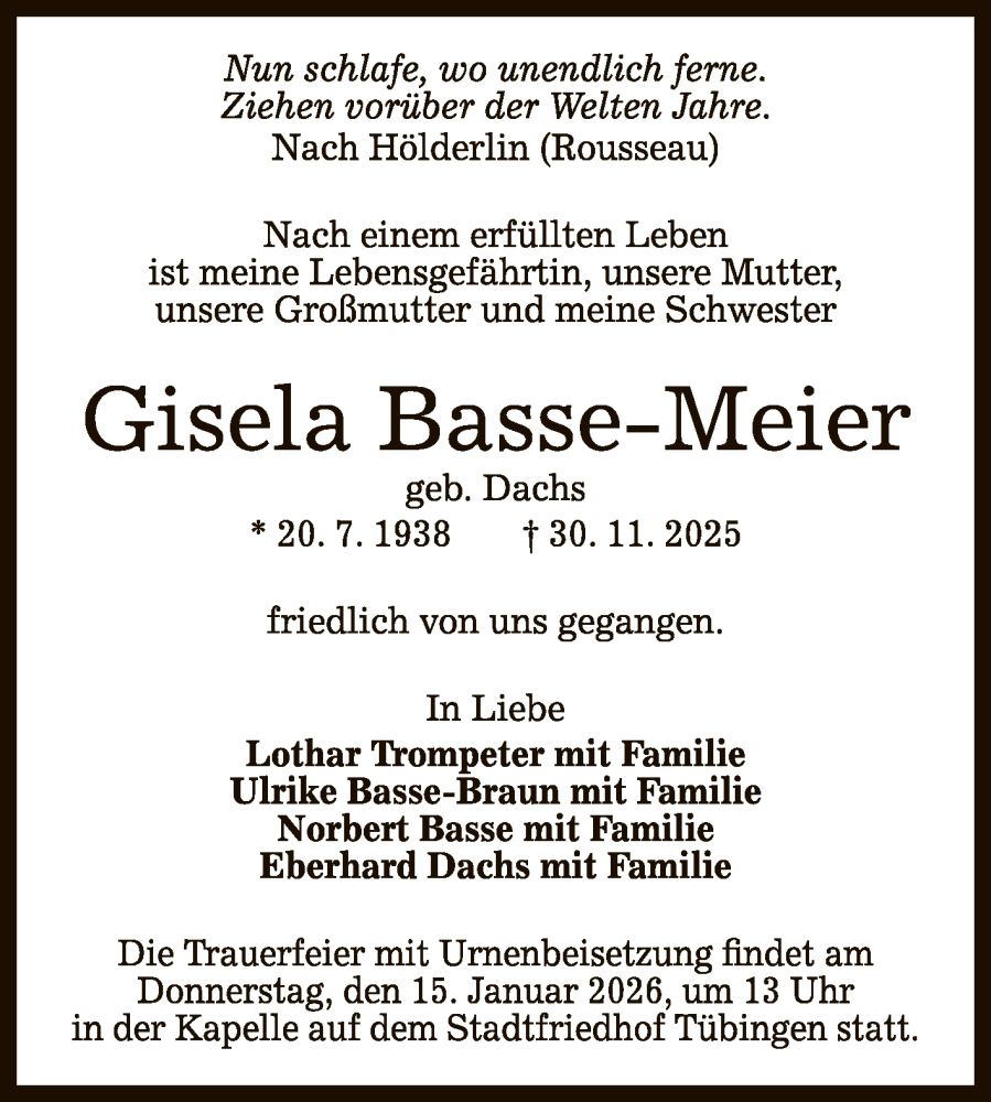  Traueranzeige für Gisela Basse-Meier vom 06.12.2025 aus Reutlinger General-Anzeiger