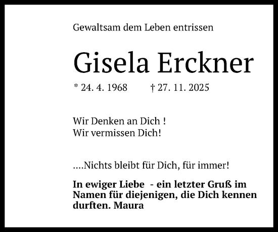 Anzeige von Gisela Erckner von Reutlinger General-Anzeiger