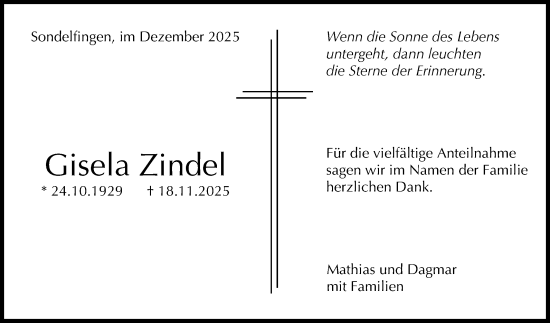 Anzeige von Gisela Zindel von Reutlinger General-Anzeiger