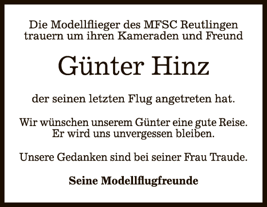 Anzeige von Günter Hinz von Reutlinger General-Anzeiger