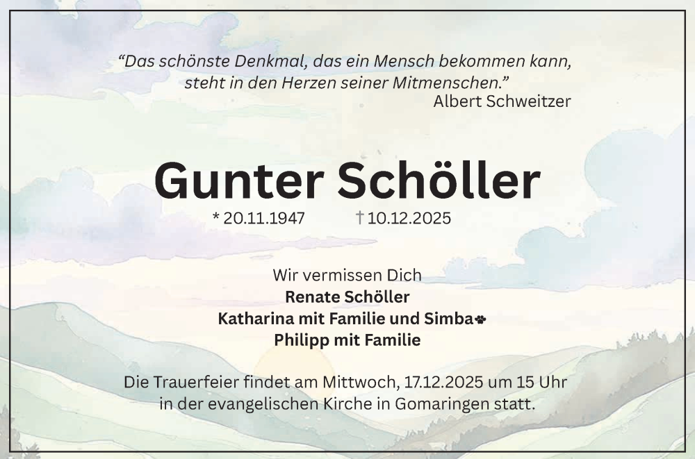  Traueranzeige für Gunter Schöller vom 13.12.2025 aus Reutlinger General-Anzeiger