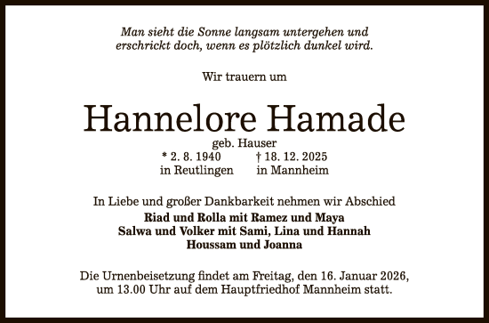 Anzeige von Hannelore Hamade von Reutlinger General-Anzeiger