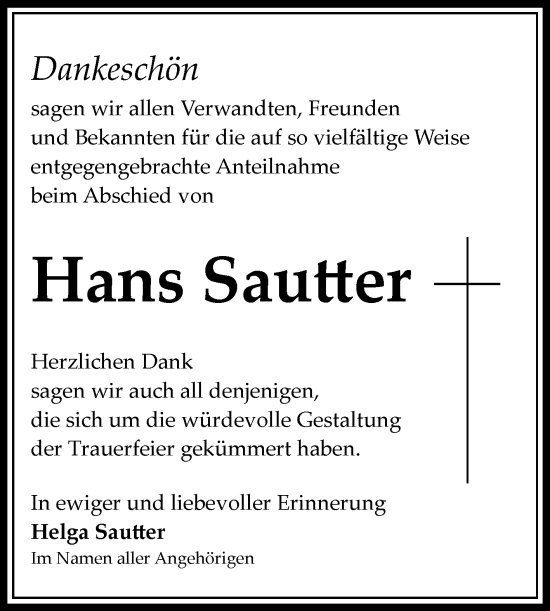 Anzeige von Hans Sautter von Reutlinger General-Anzeiger