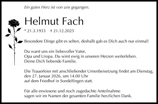 Anzeige von Helmut Fach von Reutlinger General-Anzeiger