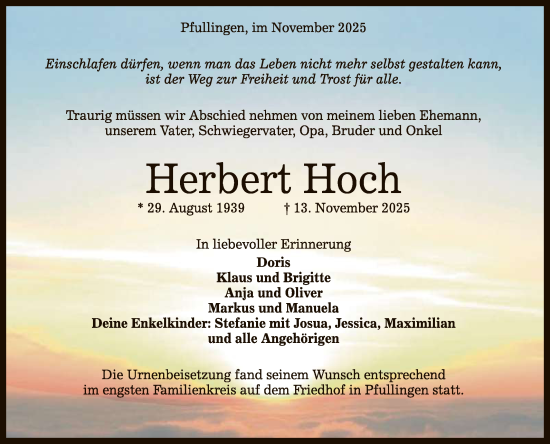 Anzeige von Herbert Hoch von Reutlinger General-Anzeiger