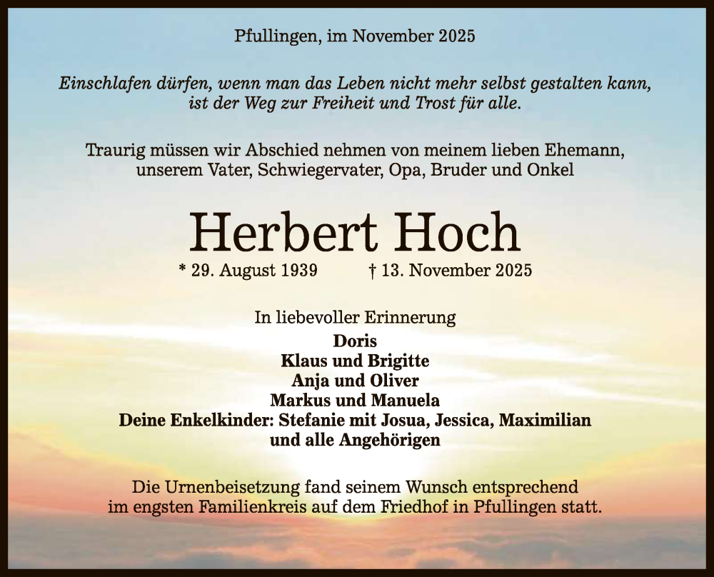  Traueranzeige für Herbert Hoch vom 06.12.2025 aus Reutlinger General-Anzeiger