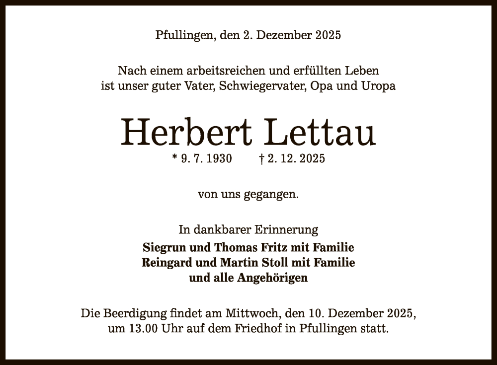  Traueranzeige für Herbert Lettau vom 06.12.2025 aus Reutlinger General-Anzeiger