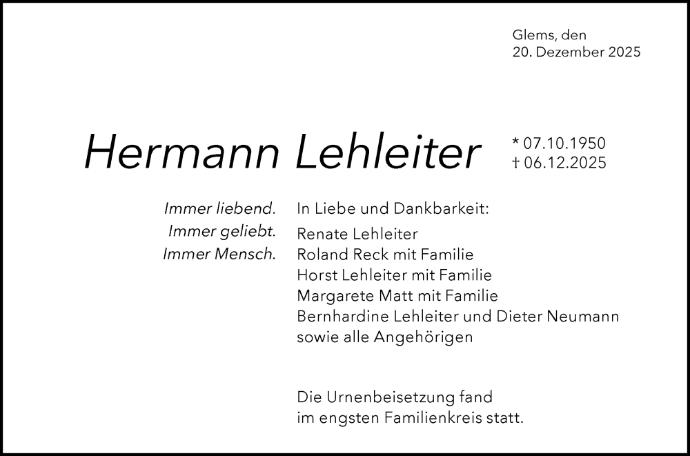  Traueranzeige für Hermann Lehleiter vom 20.12.2025 aus Reutlinger General-Anzeiger