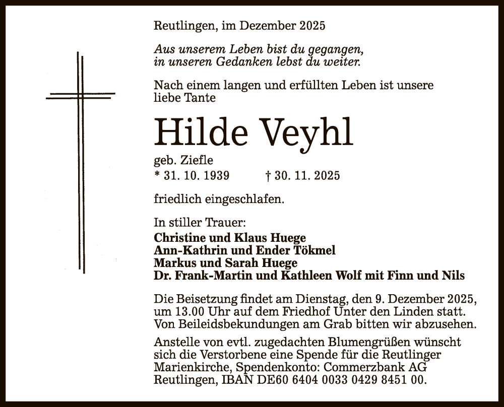  Traueranzeige für Hilde Veyhl vom 06.12.2025 aus Reutlinger General-Anzeiger
