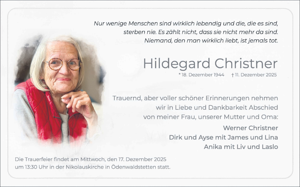  Traueranzeige für Hildegard Christner vom 16.12.2025 aus Reutlinger General-Anzeiger