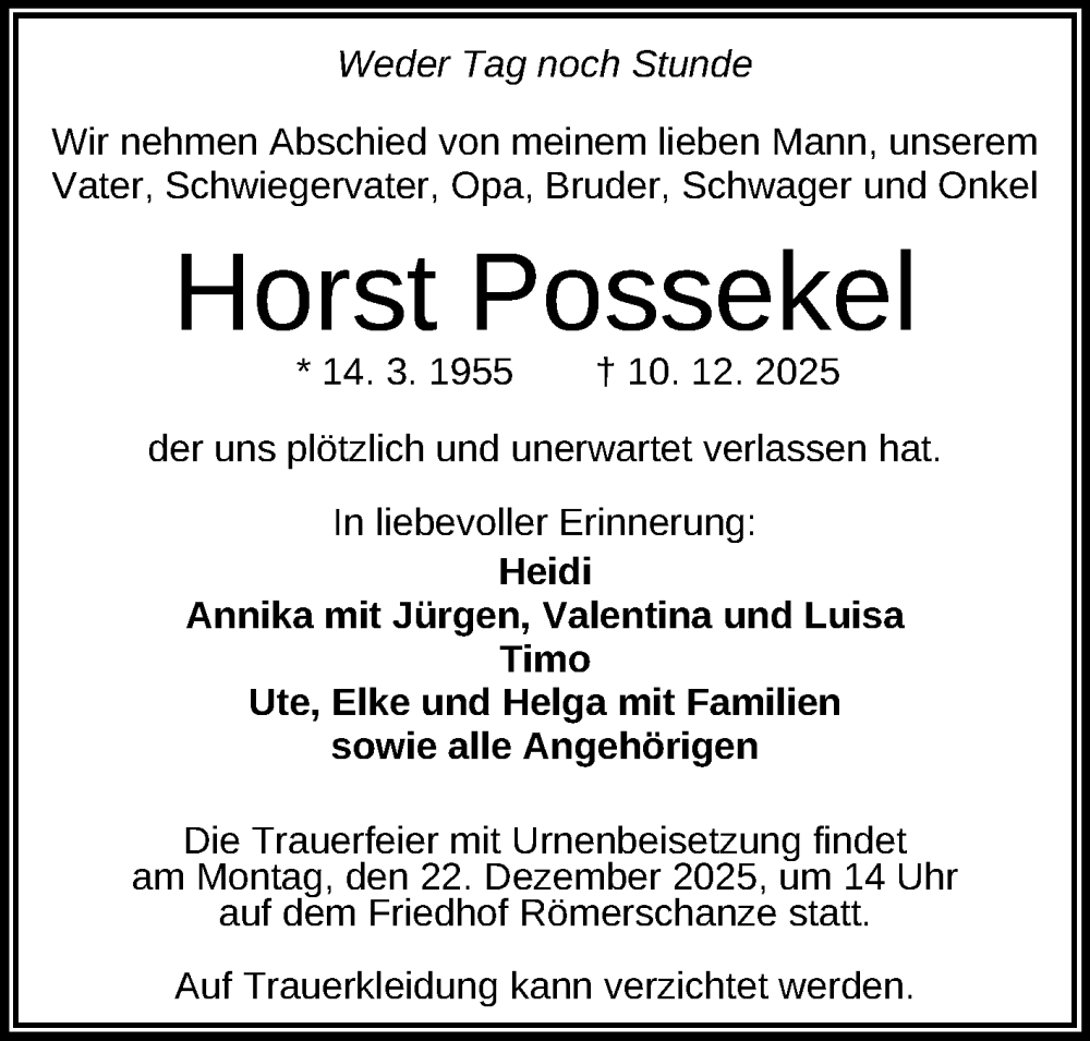  Traueranzeige für Horst Possekel vom 16.12.2025 aus Reutlinger General-Anzeiger
