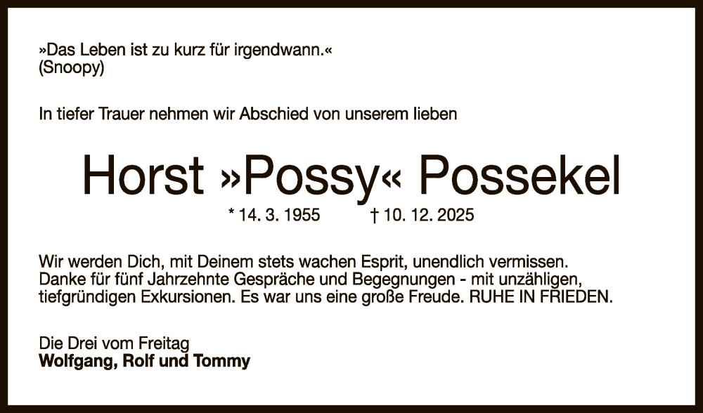  Traueranzeige für Horst Possekel vom 20.12.2025 aus Reutlinger General-Anzeiger