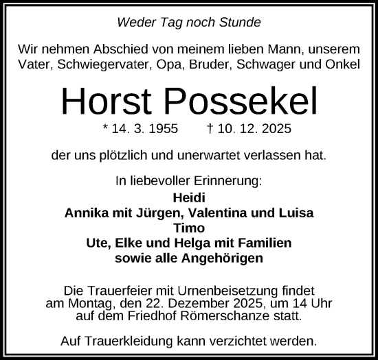 Anzeige von Horst Possekel von Reutlinger General-Anzeiger