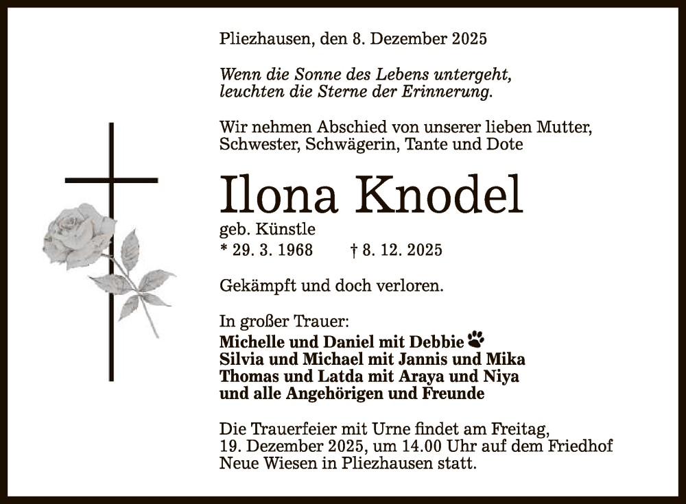  Traueranzeige für Ilona Knodel vom 13.12.2025 aus Reutlinger General-Anzeiger