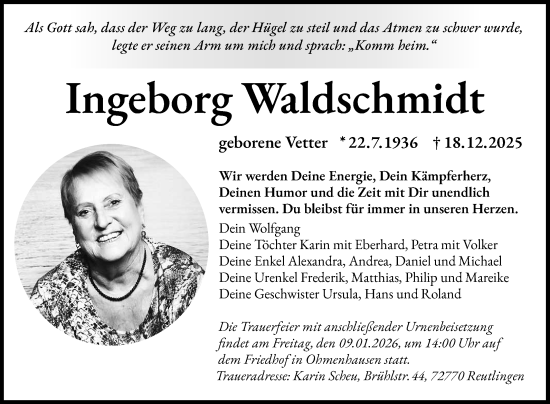 Anzeige von Ingeborg Waldschmidt von Reutlinger General-Anzeiger