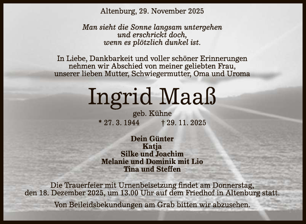  Traueranzeige für Ingrid Maal vom 13.12.2025 aus Reutlinger General-Anzeiger