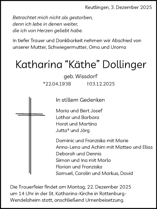 Anzeige von Katharina Dollinger von Reutlinger General-Anzeiger
