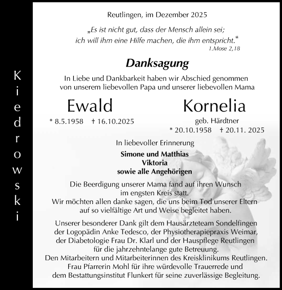 Anzeige von Kornelia und Ewald  von Reutlinger General-Anzeiger