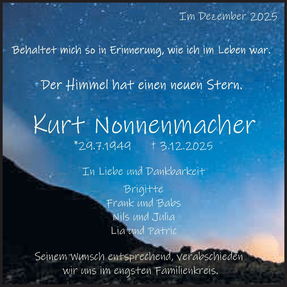  Traueranzeige für Kurt Nonnenmacher vom 06.12.2025 aus Reutlinger General-Anzeiger