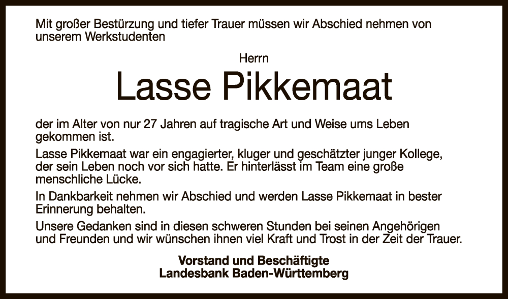  Traueranzeige für Lasse Pikkemaat vom 18.12.2025 aus Reutlinger General-Anzeiger