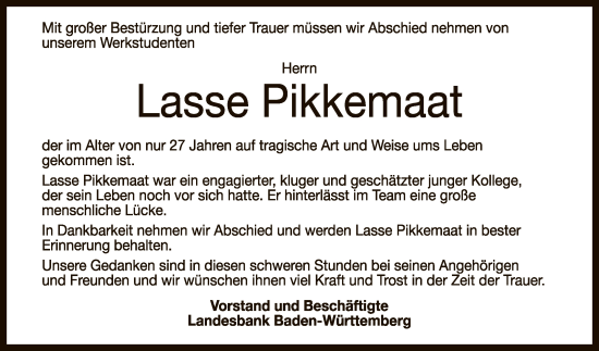 Anzeige von Lasse Pikkemaat von Reutlinger General-Anzeiger