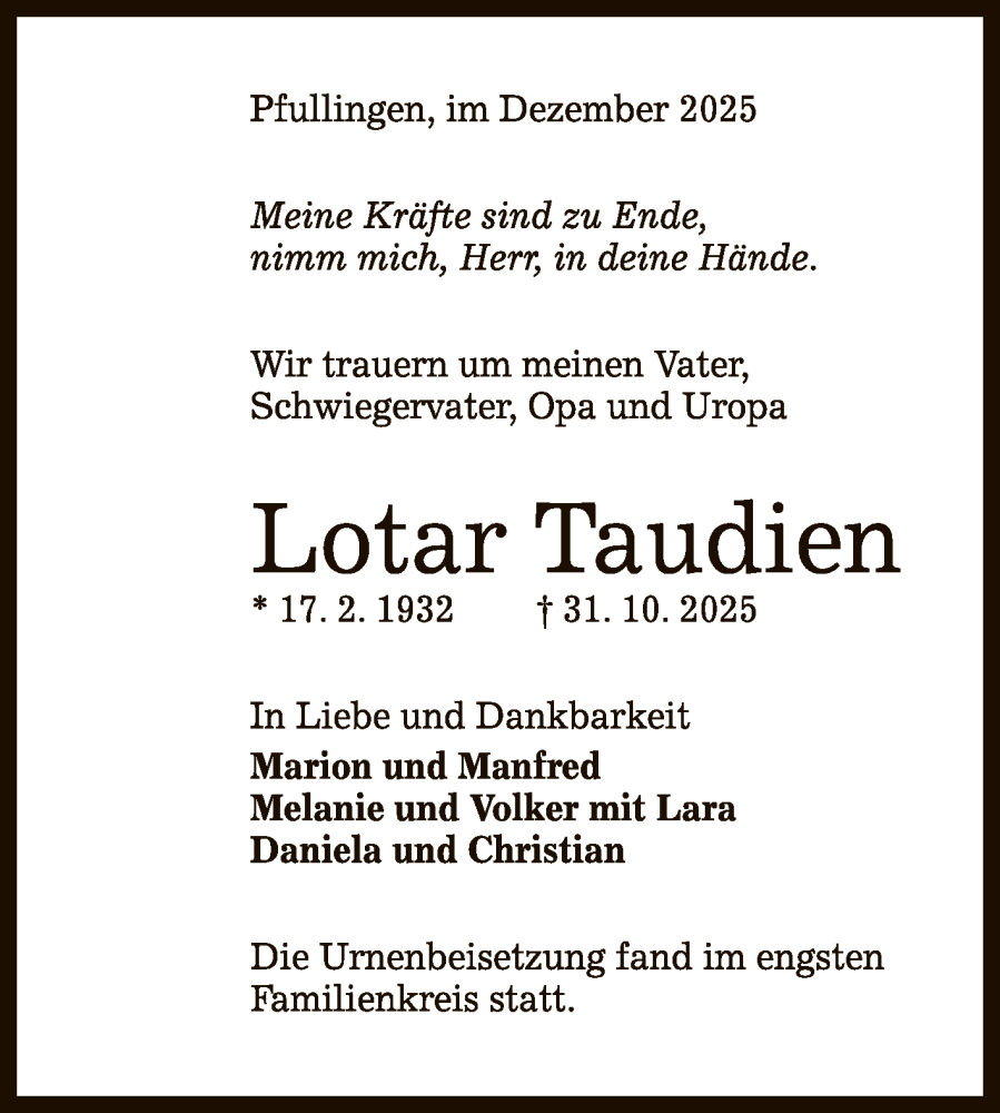  Traueranzeige für Lotar Taudien vom 03.12.2025 aus Reutlinger General-Anzeiger
