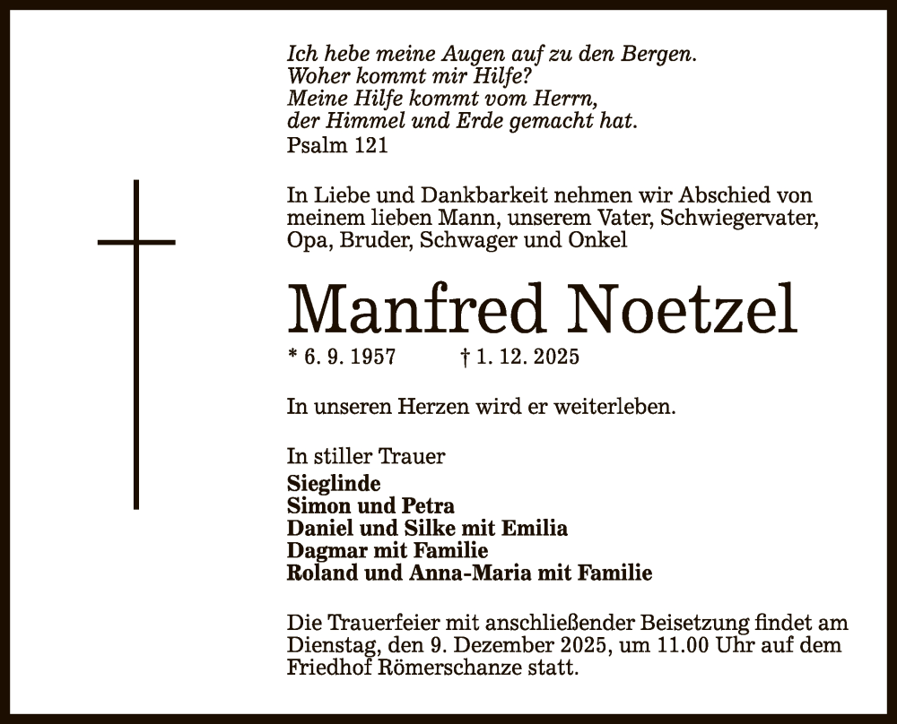  Traueranzeige für Manfred Noetzel vom 06.12.2025 aus Reutlinger General-Anzeiger