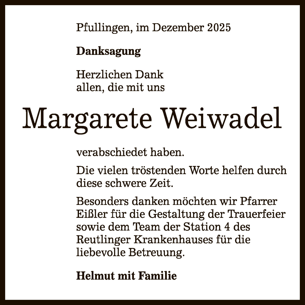  Traueranzeige für Margarete Weiwadel vom 09.12.2025 aus Reutlinger General-Anzeiger